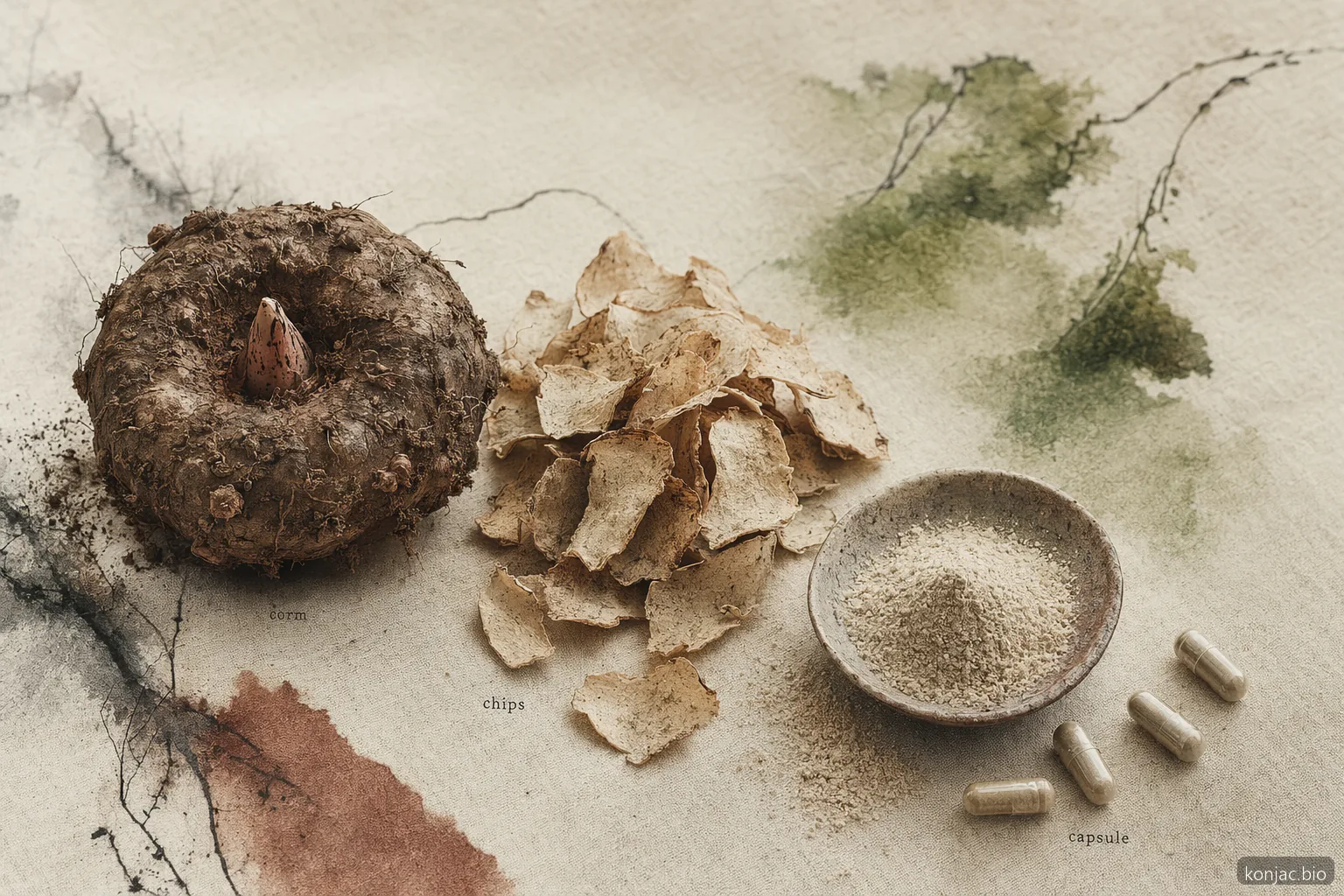 glucomannan supplement manufacturing process moves from konjac corm to dried chips, powder, and capsules