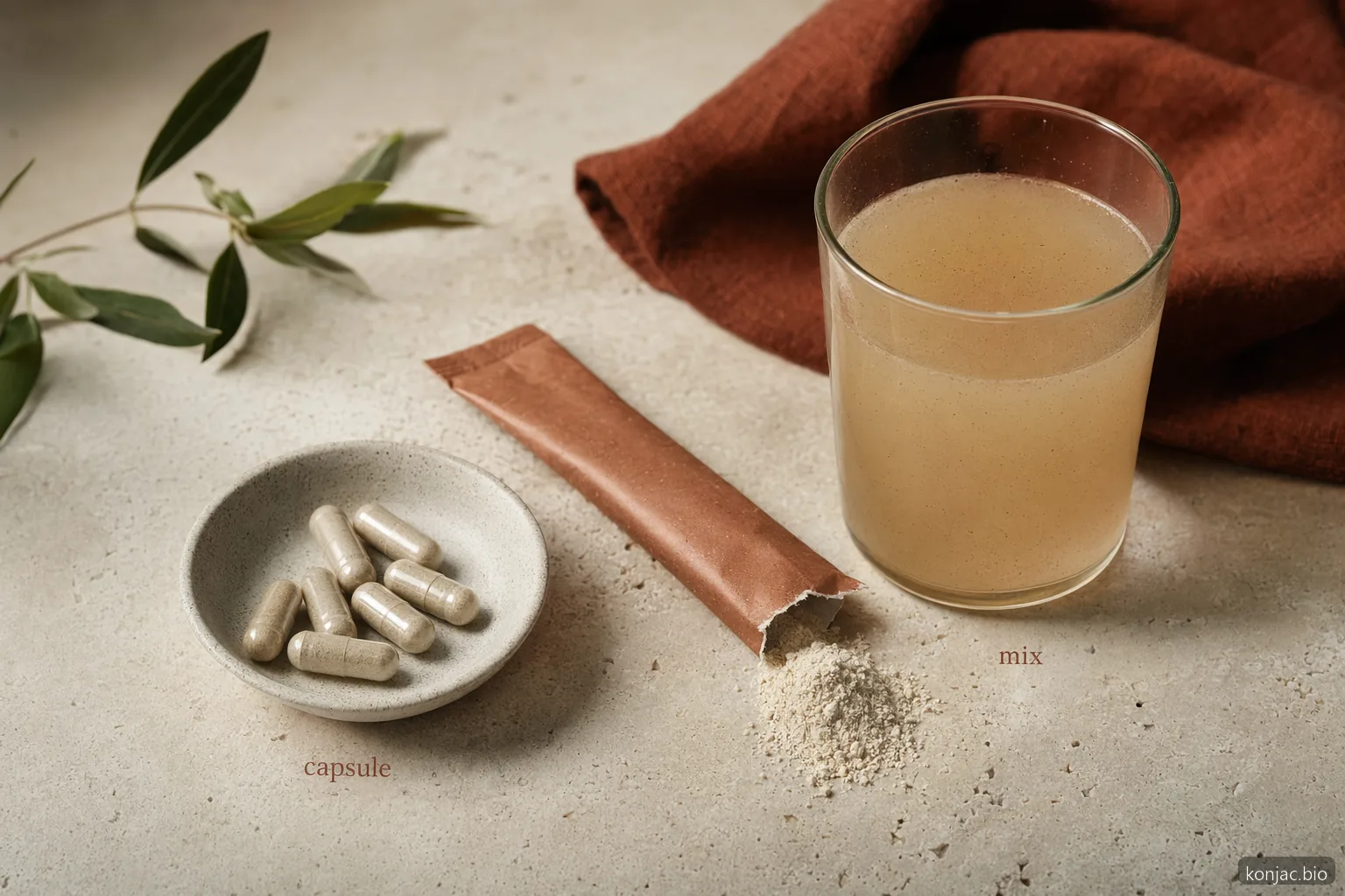 glucomannan supplement manufacturing tradeoffs appear in capsules, stick packs, and ready-to-mix drinks