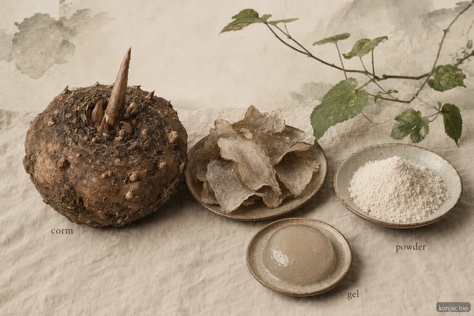 Konjac gum process moves from corm to dried slices, powder, and hydrated gel without needing a flowchart.