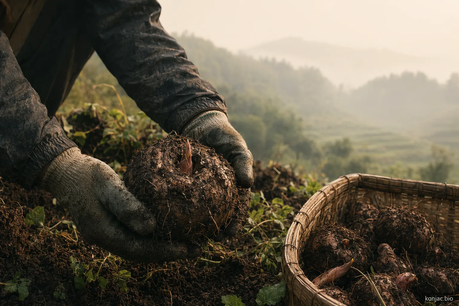 Konjac gum origin begins with harvested konjac corms, where field handling affects downstream quality.