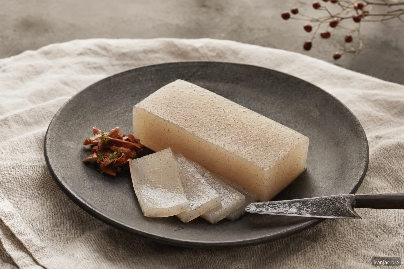 Konjac gum application shows a clean-cut vegan gel terrine with stable texture for food formulation.