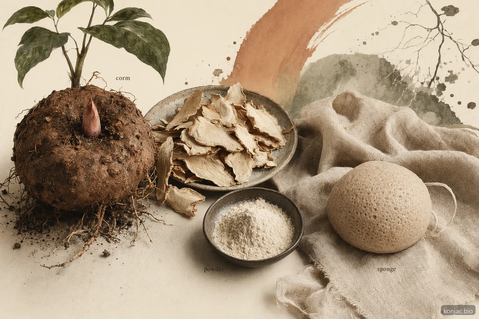 Private-label konjac sponges start with konjac corm, dried slices, powder, and a molded porous sponge.