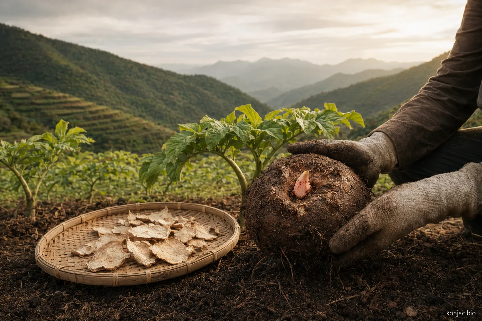 Private-label konjac sponges sourcing begins with harvested konjac corms and controlled drying near the field.