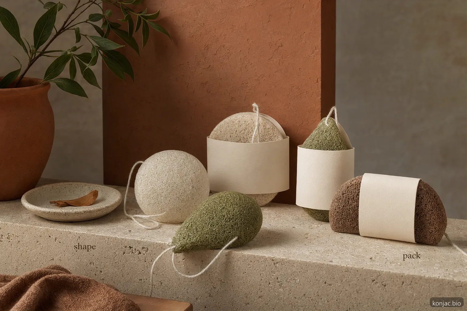 Private-label konjac sponges can be customized by sponge shape, cord format, and retail packaging style.