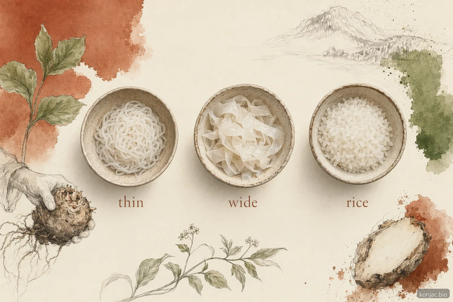 private-label shirataki format choice compares thin noodles, wide noodles, and rice-style cuts for launch.
