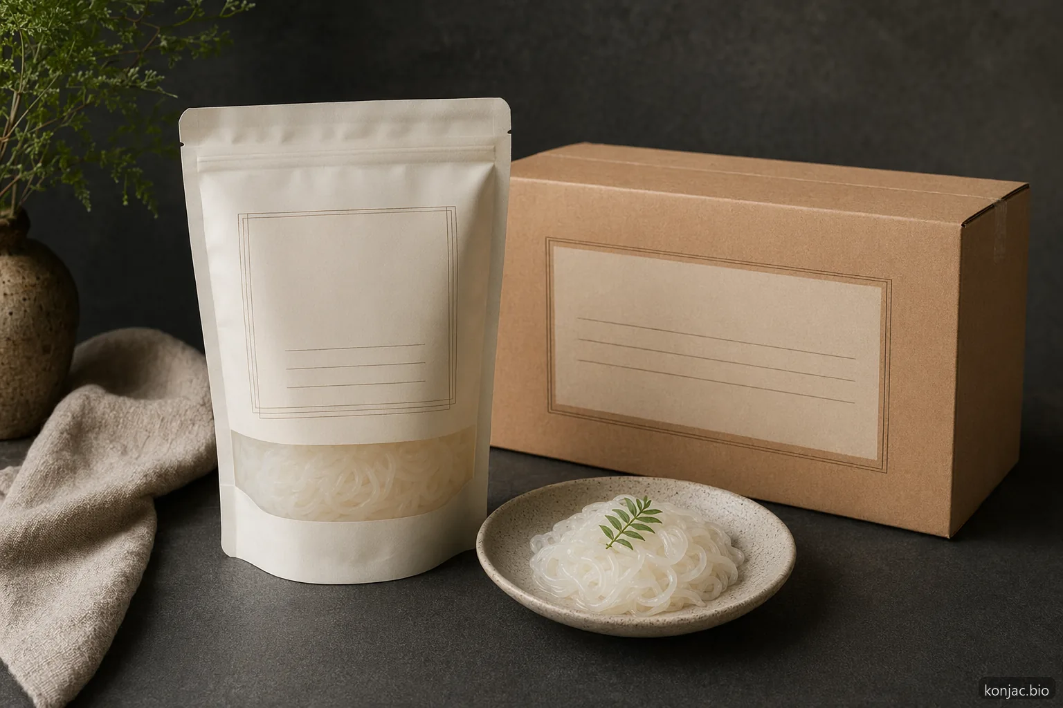 private-label shirataki packaging decisions end in a retail pouch, label panel, and shipping case.