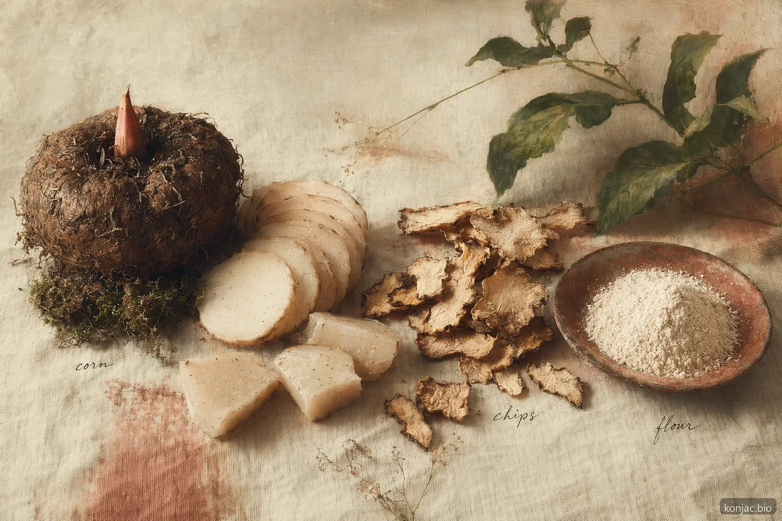 Wholesale konjac flour starts with konjac corms that are sliced, dried, and milled into usable powder.