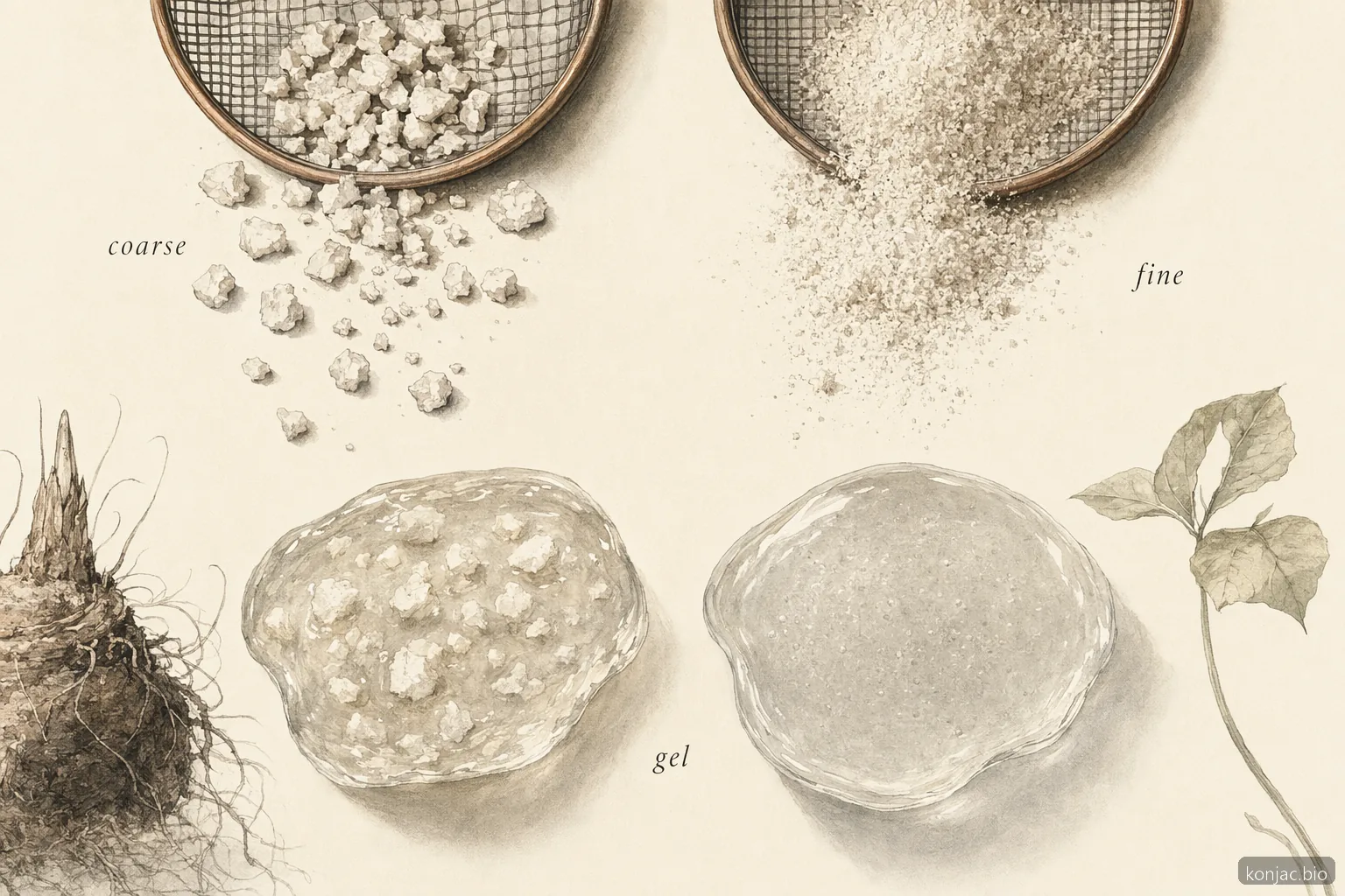 Wholesale konjac flour mesh size affects hydration speed and the viscosity of the finished gel.