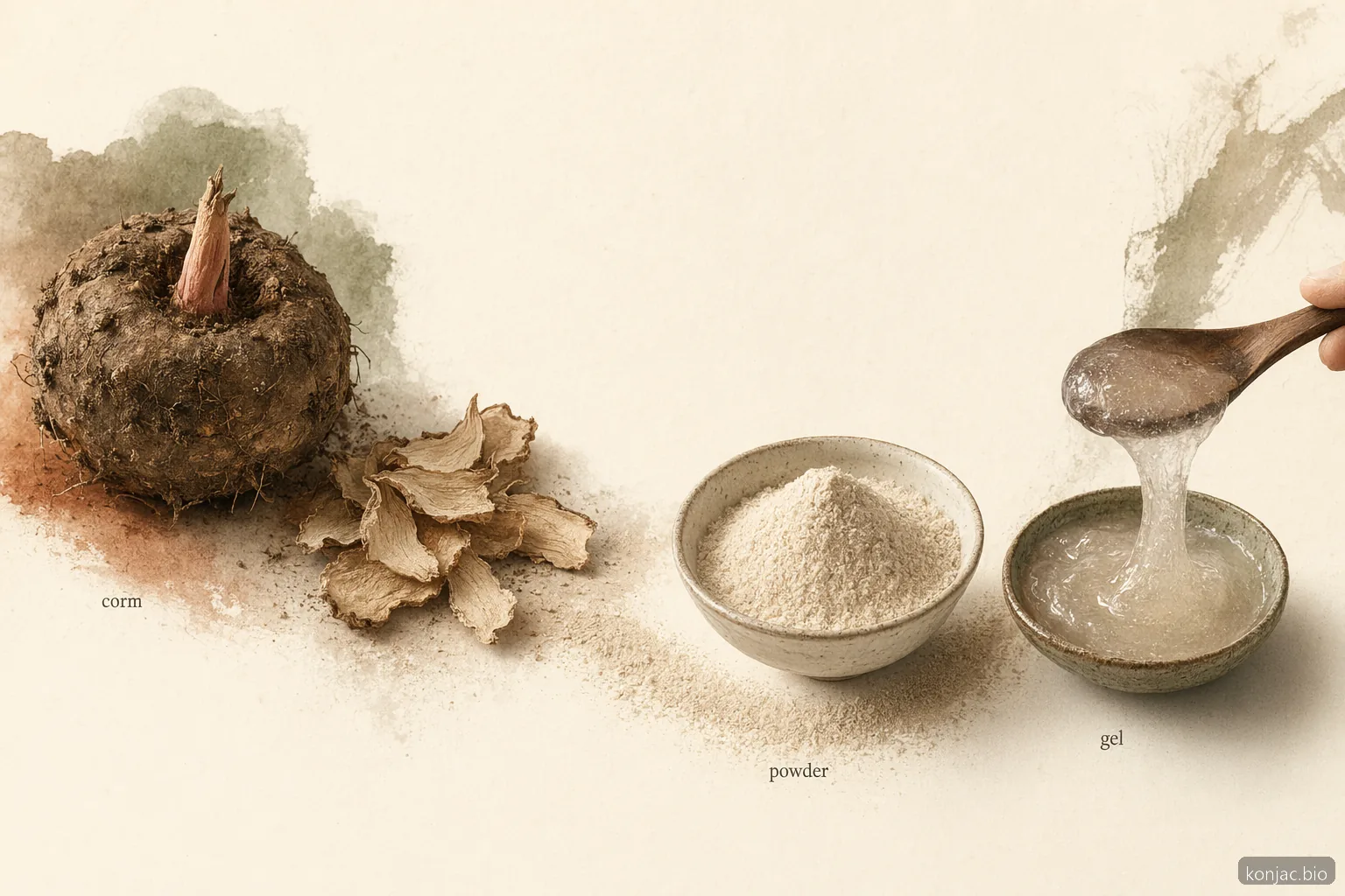 Glucomannan process from konjac corm to dried slices, powder, and gel shows how the soluble fiber is prepared.