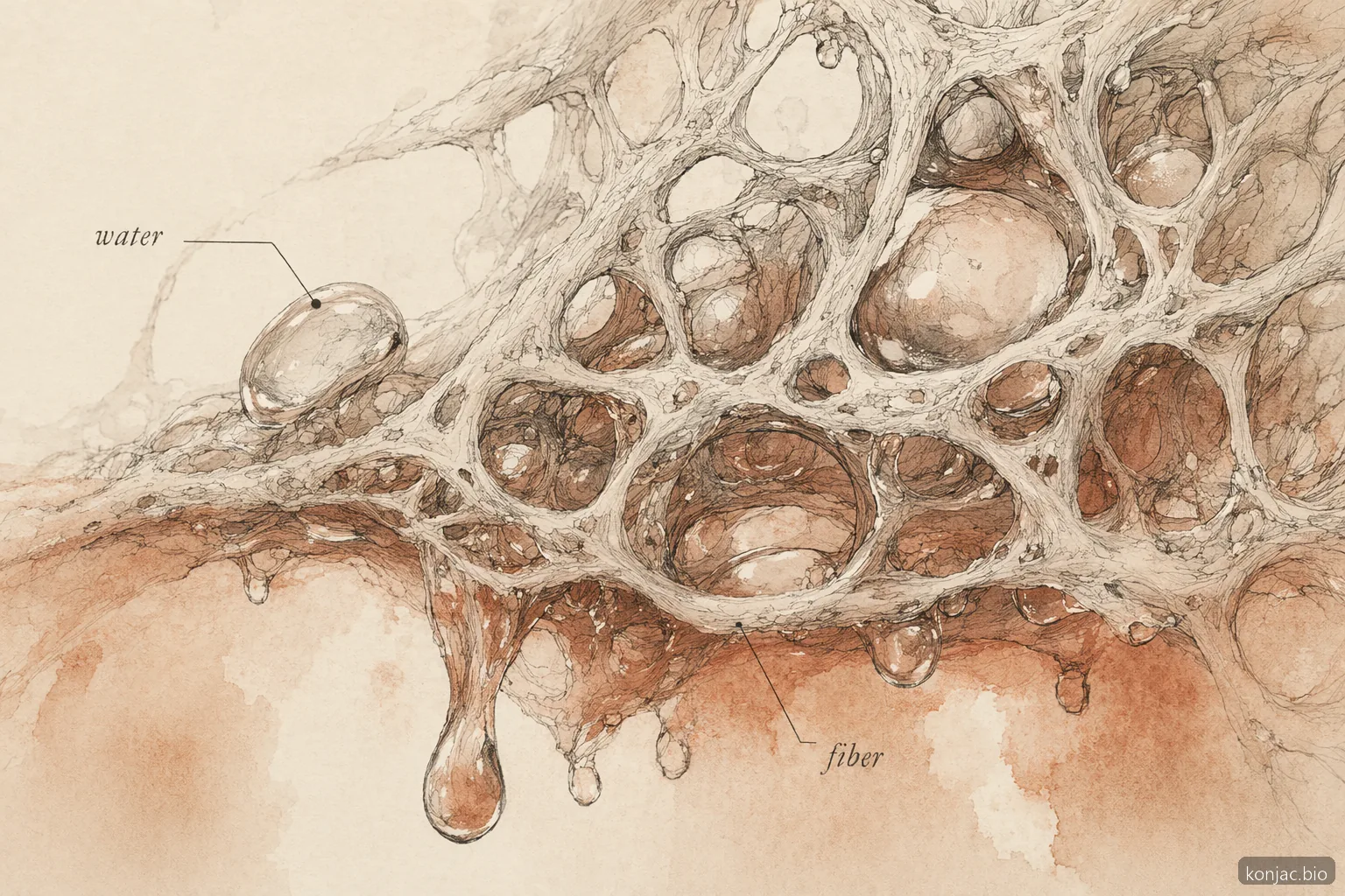 Glucomannan gel network holds water in a swollen fiber mesh, explaining its thick viscosity in the body.