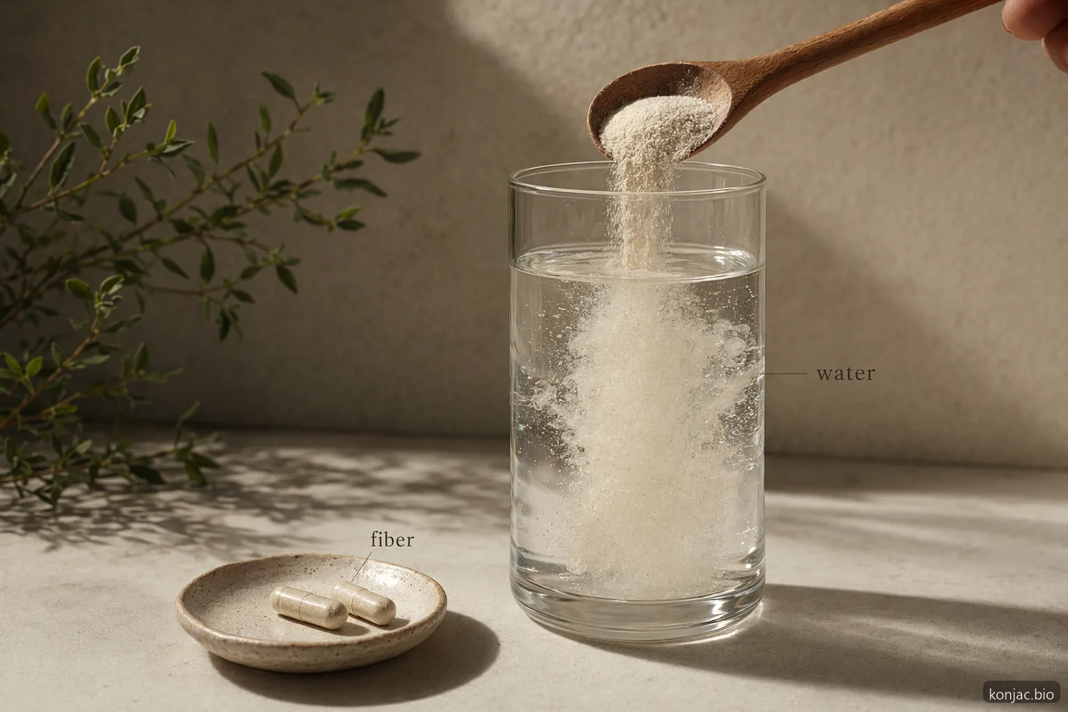 Glucomannan supplements need plenty of water because powder and capsules swell into a thick gel after mixing.