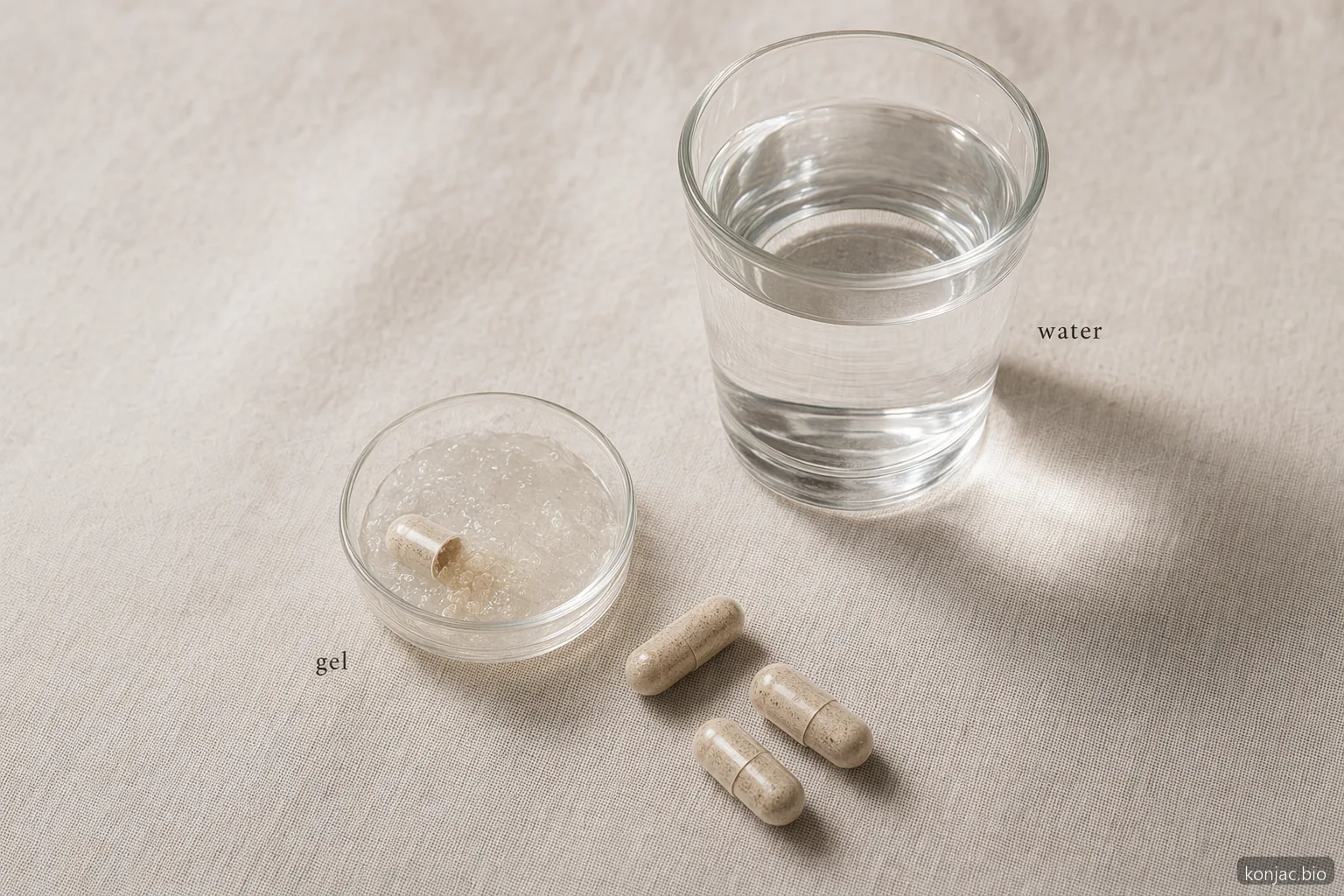 Glucomannan dietary supplement capsules need plenty of water because dry fiber swells as it hydrates.