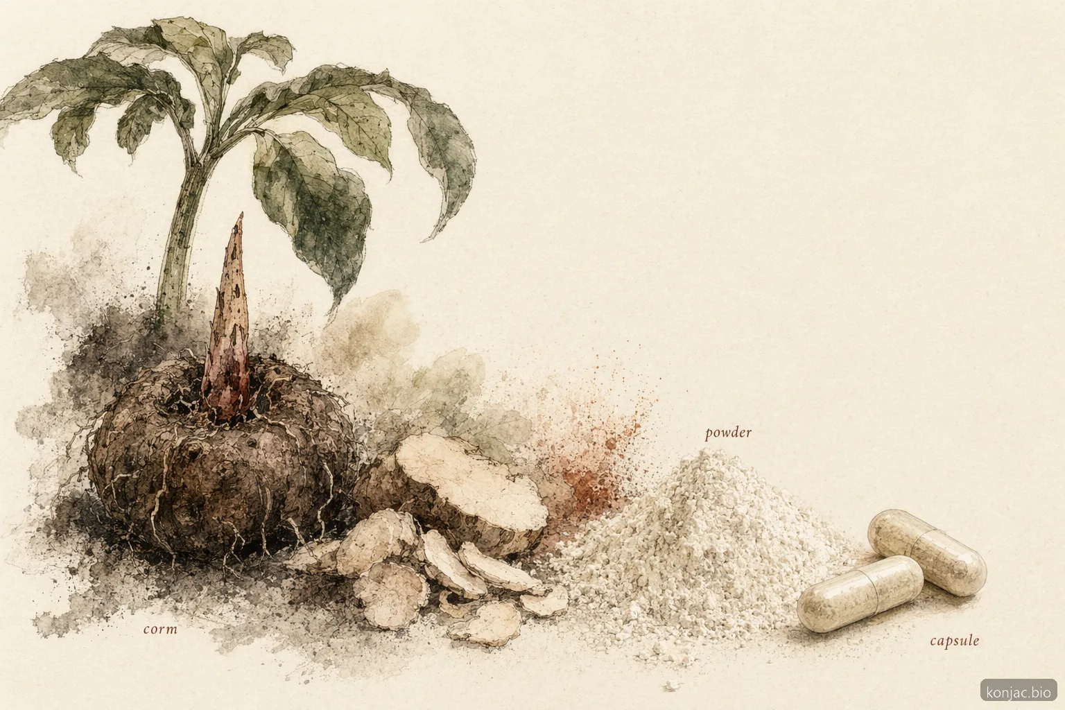 Glucomannan dietary supplement starts as konjac corm processed into powder and plain capsules.