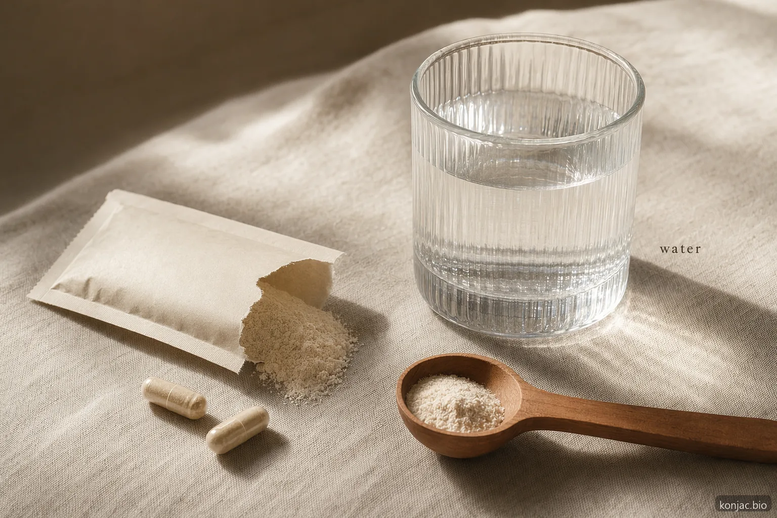 glucomannan glucomannan supplement timing is shown by powder and capsules beside water, emphasizing hydration.