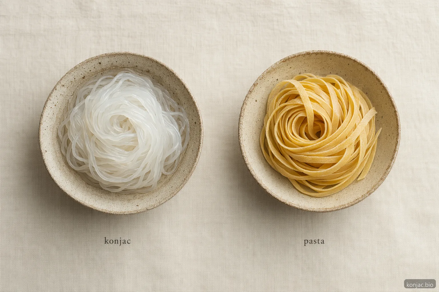 glucomannan noodles compare with pasta as a water-rich, lighter swap beside golden wheat pasta