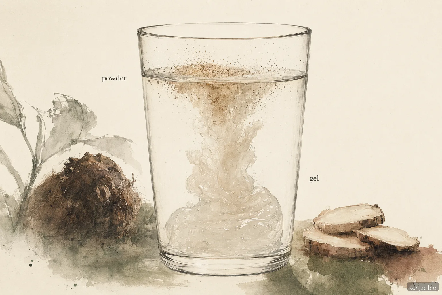 glucomannan powder swelling in water to form a viscous gel, explaining how konjac fiber thickens during digestion