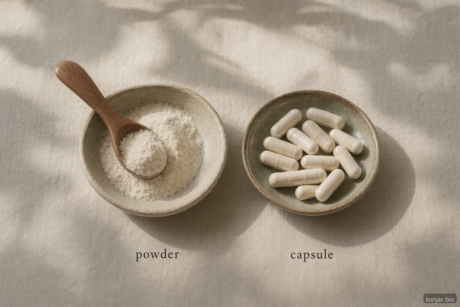 Glucomannan supplements come as powder or capsules; powder is easy to measure, while capsules are portable.
