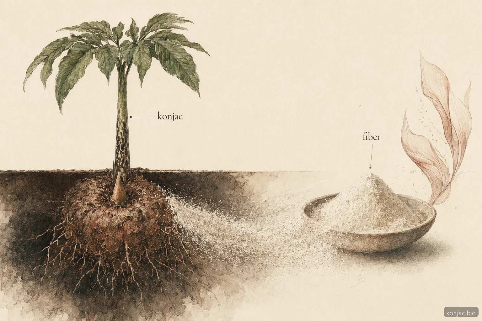 konjac and glucomannan differ: konjac is the plant, while glucomannan is the soluble fiber from its corm.