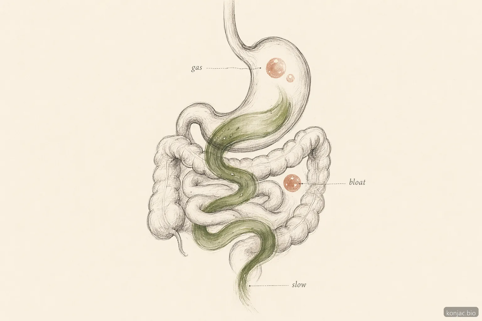 side effects of glucomannan gut illustration shows gas and bloating are common digestive reactions to the fiber
