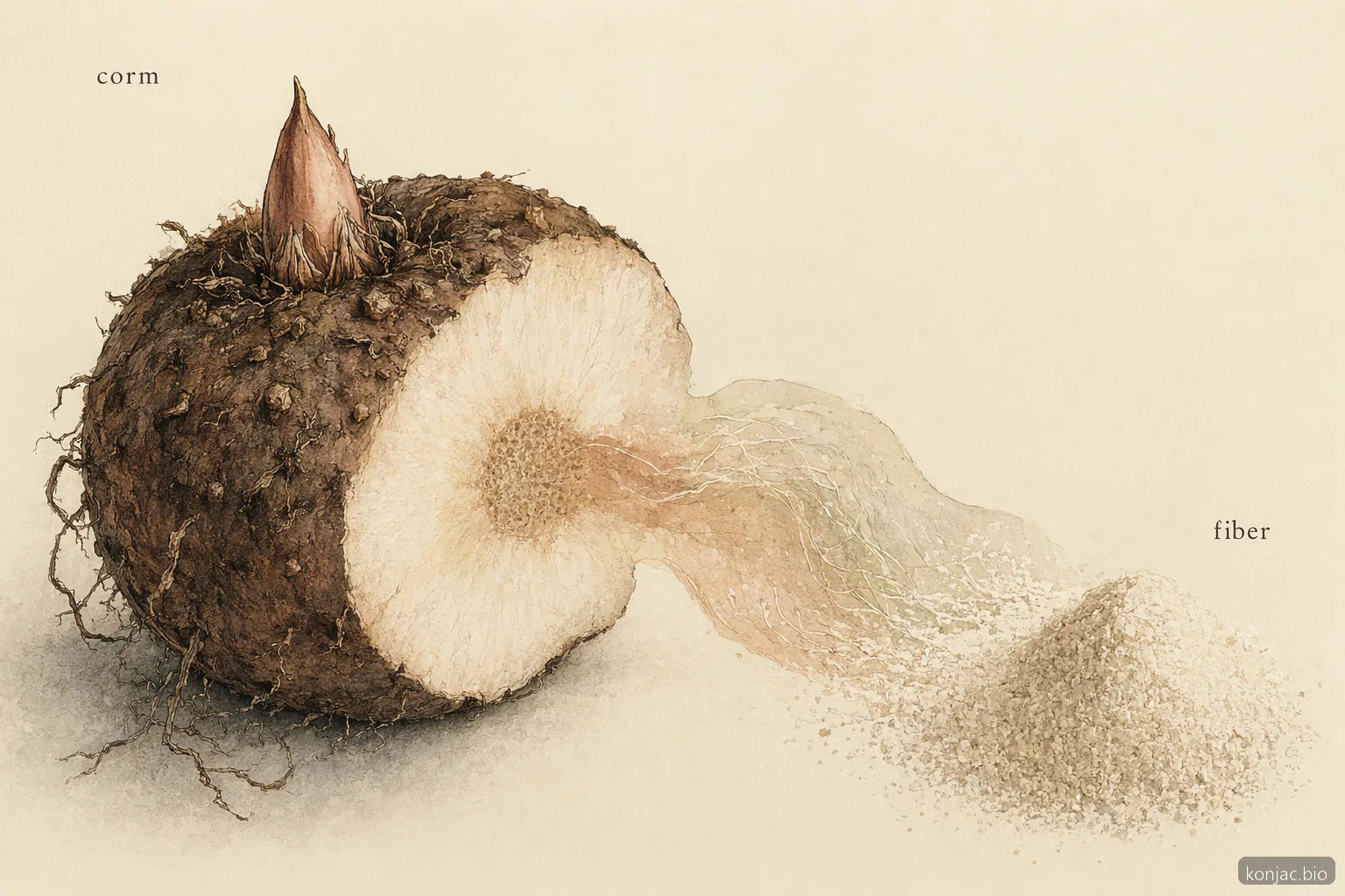 what is glucomannan konjac corm cross-section shows the soluble fiber comes from the plant's starchy corm