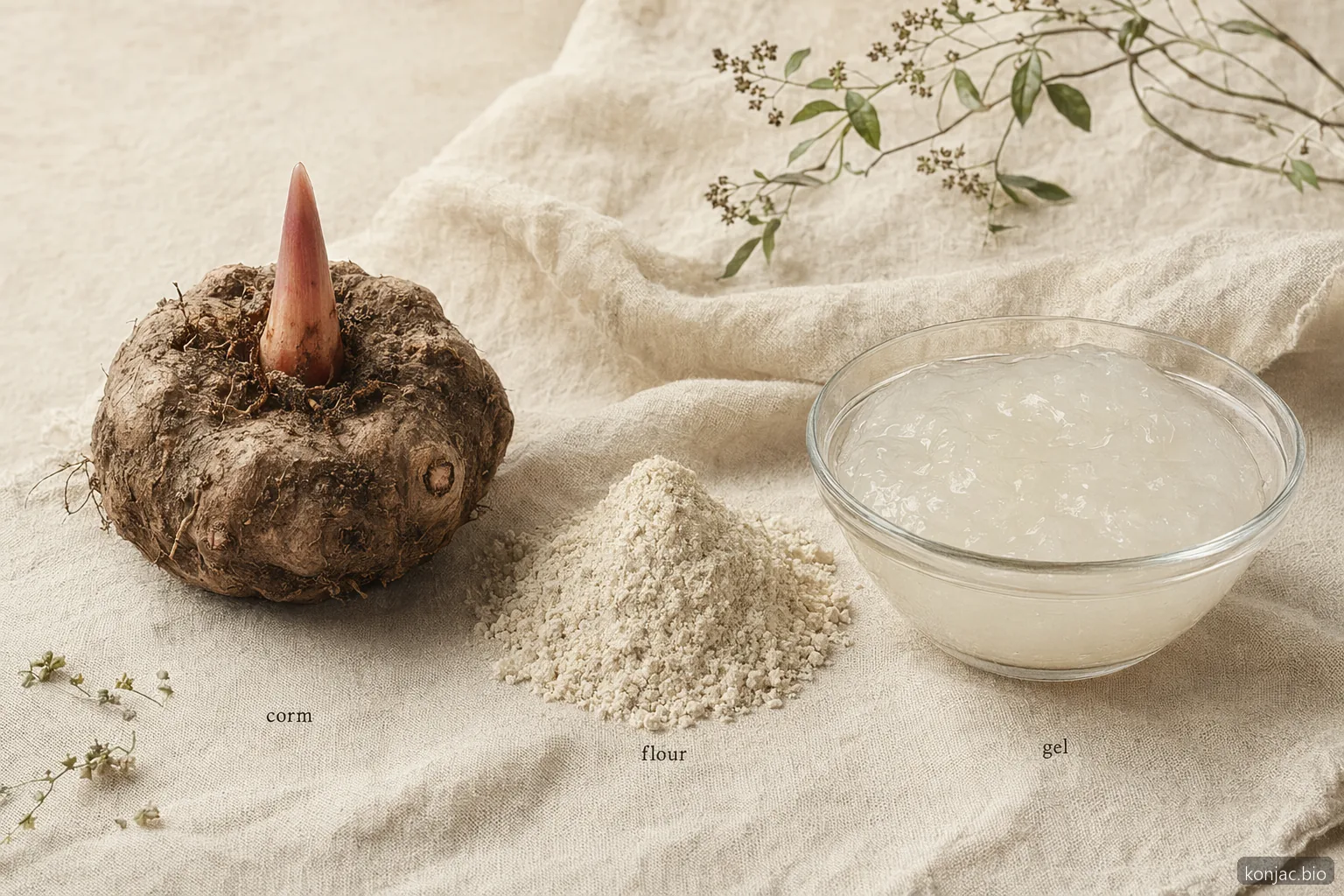 glucomannan cholesterol support starts with konjac corm refined to flour, then hydrated into a viscous gel