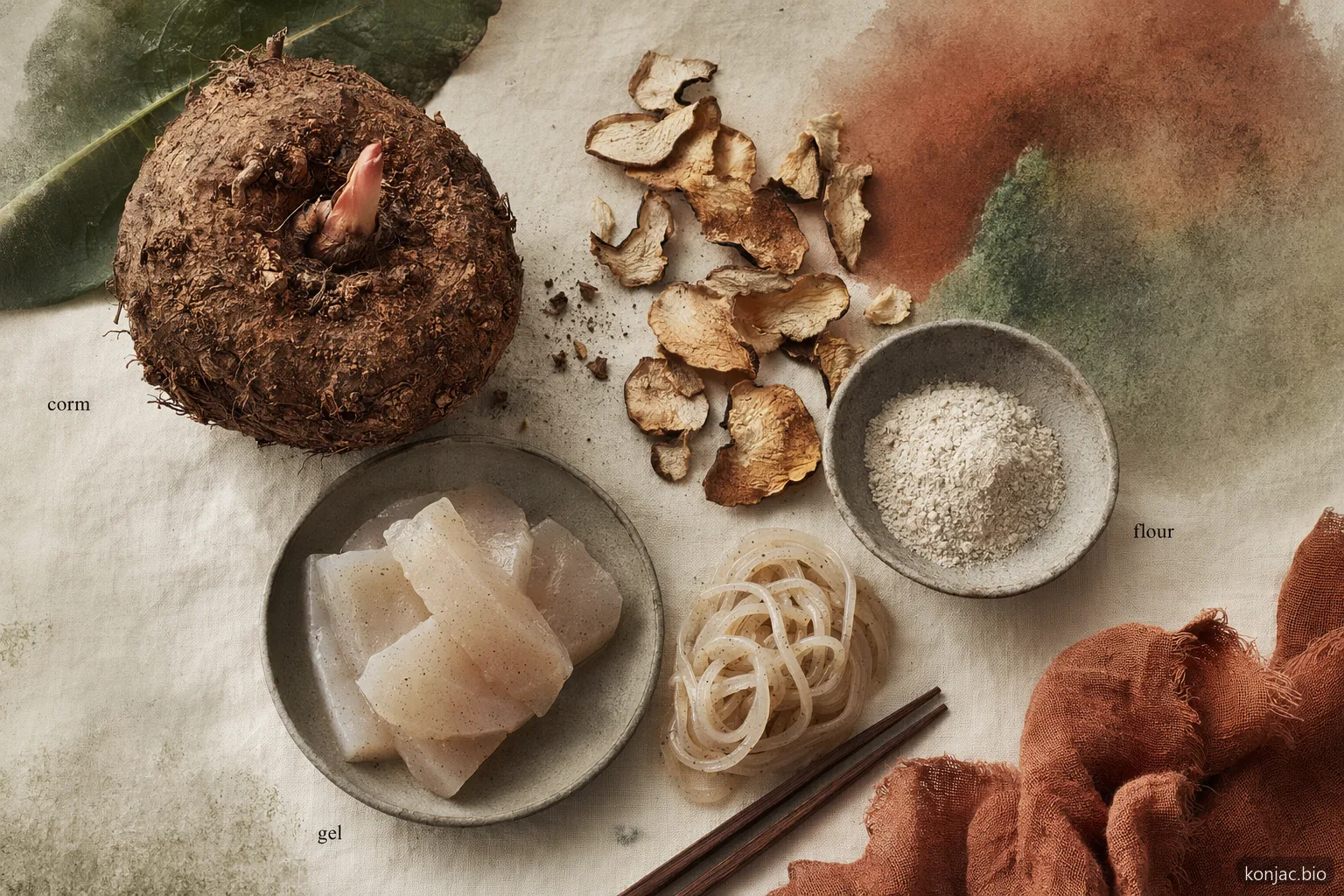 konjac vs processed forms starts with corms that become dried chips, glucomannan flour, and gel noodles