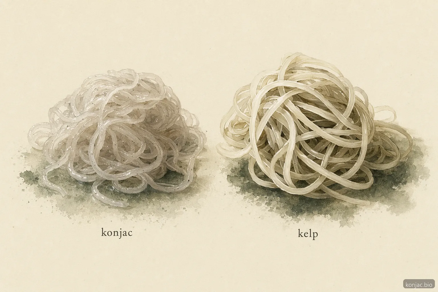 konjac vs kelp noodles differs by texture, with konjac feeling springy and kelp noodles feeling crisper