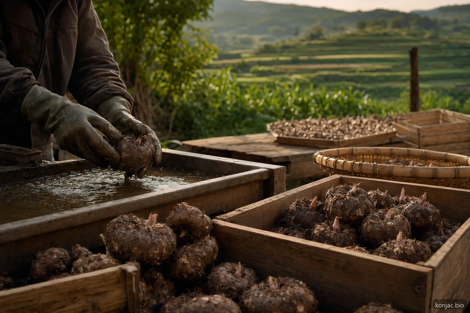 konjac vs private label sourcing begins with sorted raw corms before washing, drying, milling, or noodle production