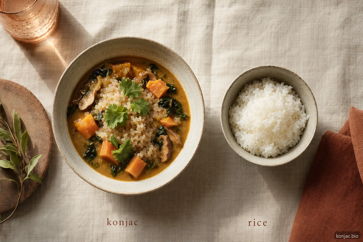 konjac vs rice in a plated meal shows konjac rice as a lighter gel-based swap for familiar white rice