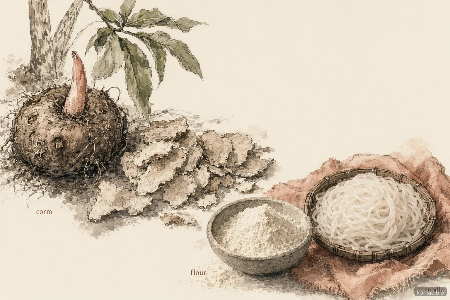 konjac vs shirataki process shows corm becoming flour and noodles, explaining shirataki is a konjac format