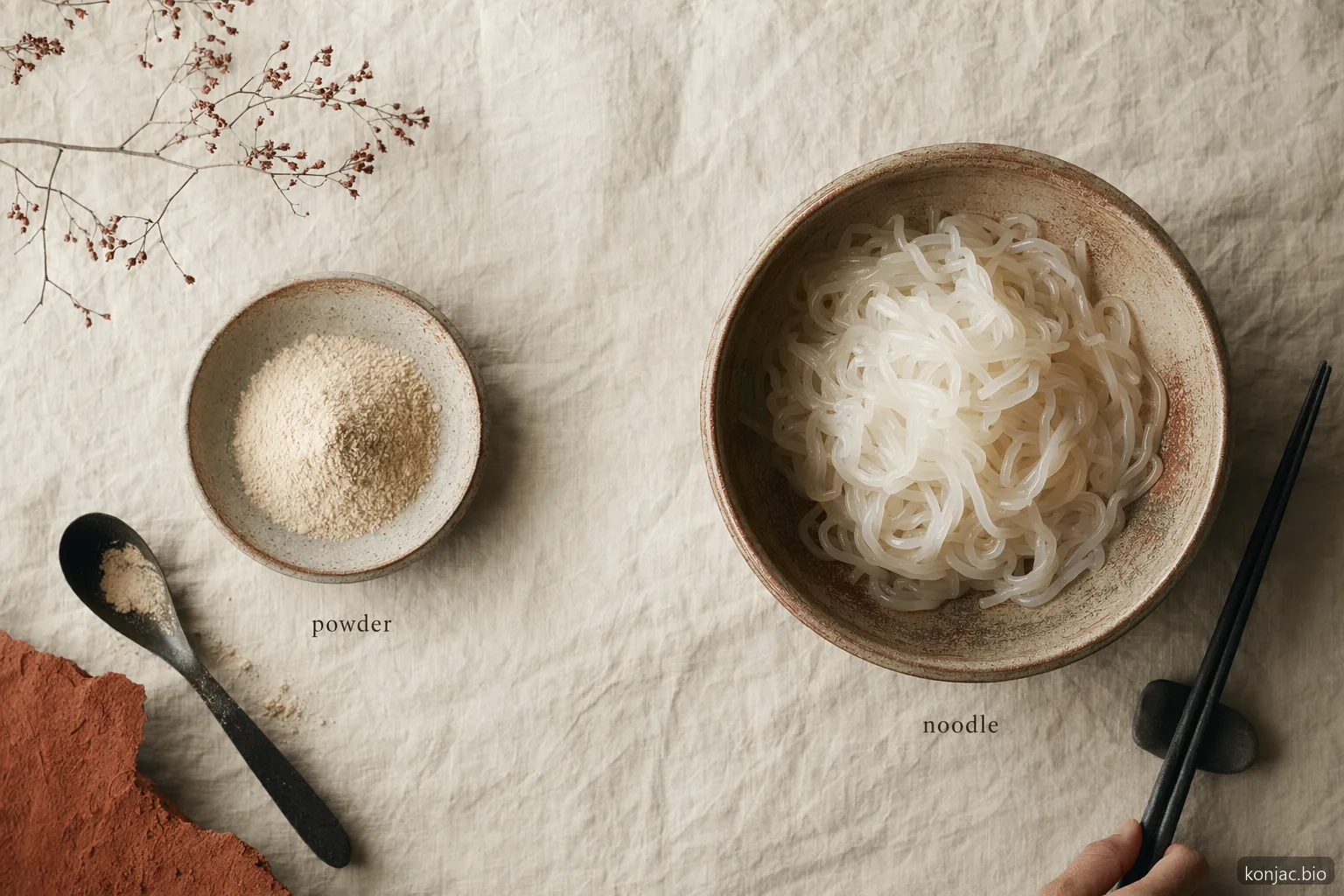 konjac vs shirataki use check shows powder for formulation and noodles for ready-to-eat meals