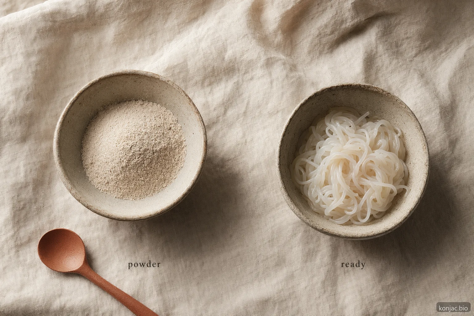konjac vs shirataki noodles takeaway: powder is a fiber ingredient, while noodles are ready to eat