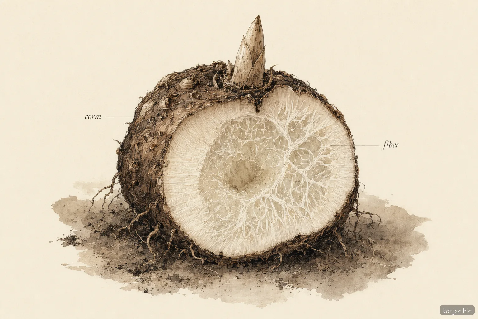 amorphophallus konjac corm stores glucomannan-rich fiber in its underground swollen stem, not the leaf