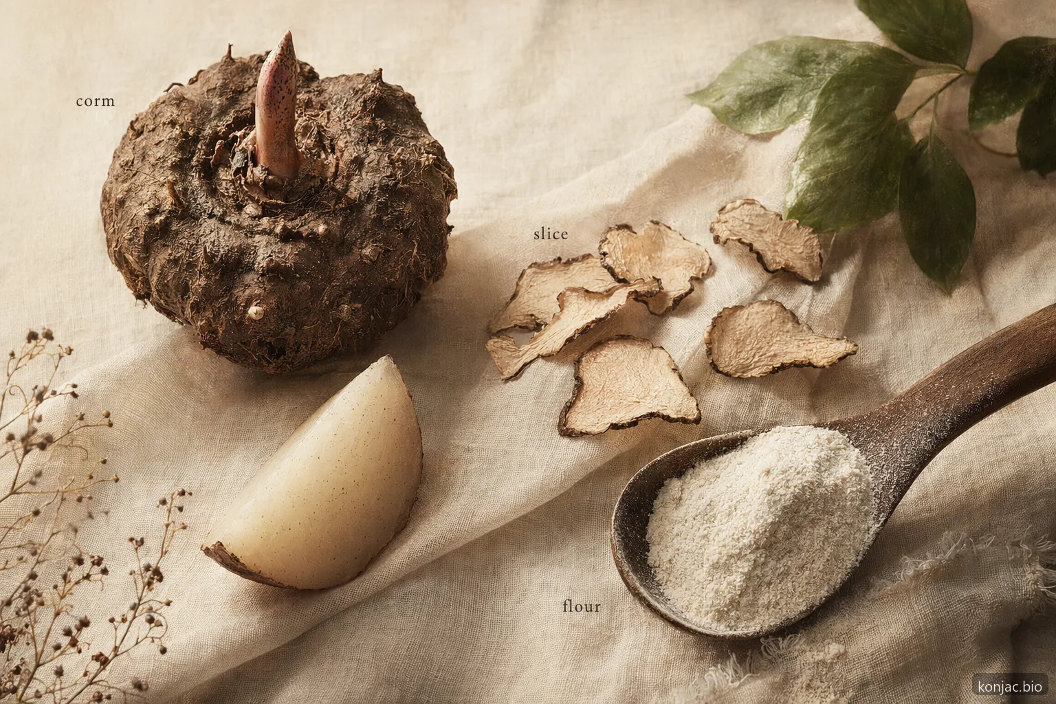 konjac plant processing moves from corm to dried slices to flour without needing a factory flowchart