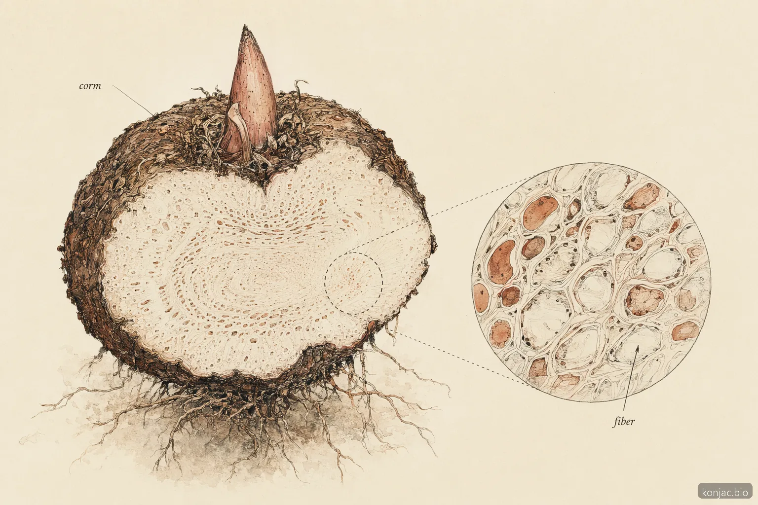 konjac plant corm tissue stores glucomannan fiber in a pale porous interior network