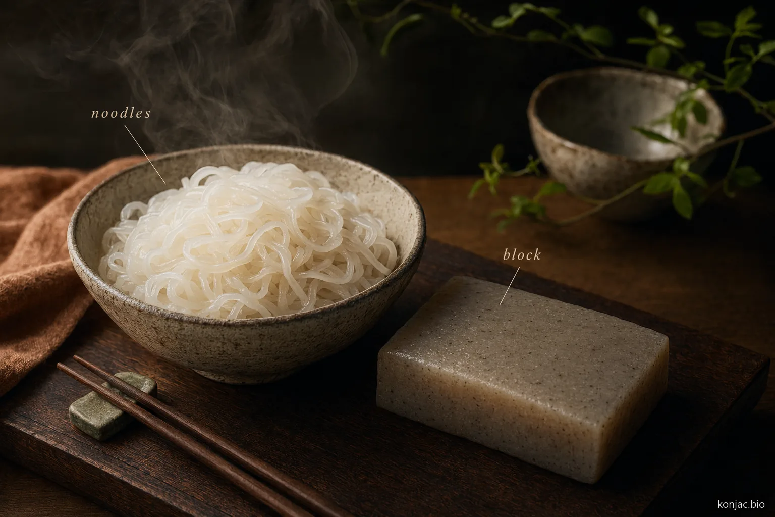 konjac plant corm becomes shirataki noodles and konnyaku blocks used in modern foods