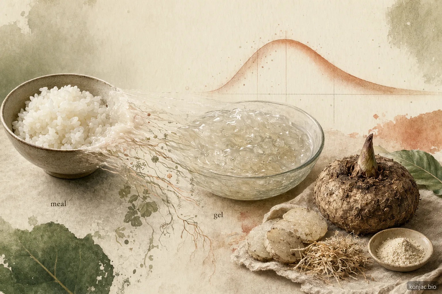 Konjac diabetes explainer showing glucomannan forming a gel that may soften post-meal glucose response.