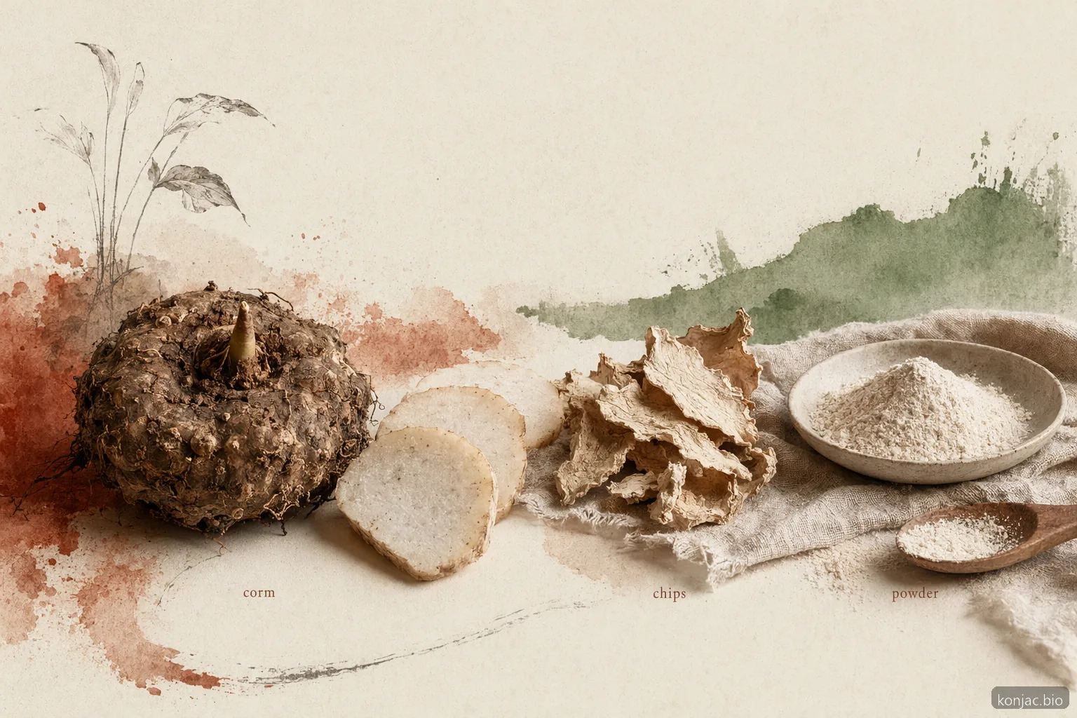 Konjac processing turns the corm into peeled slices, dried chips, and fine powder for glucomannan ingredients.