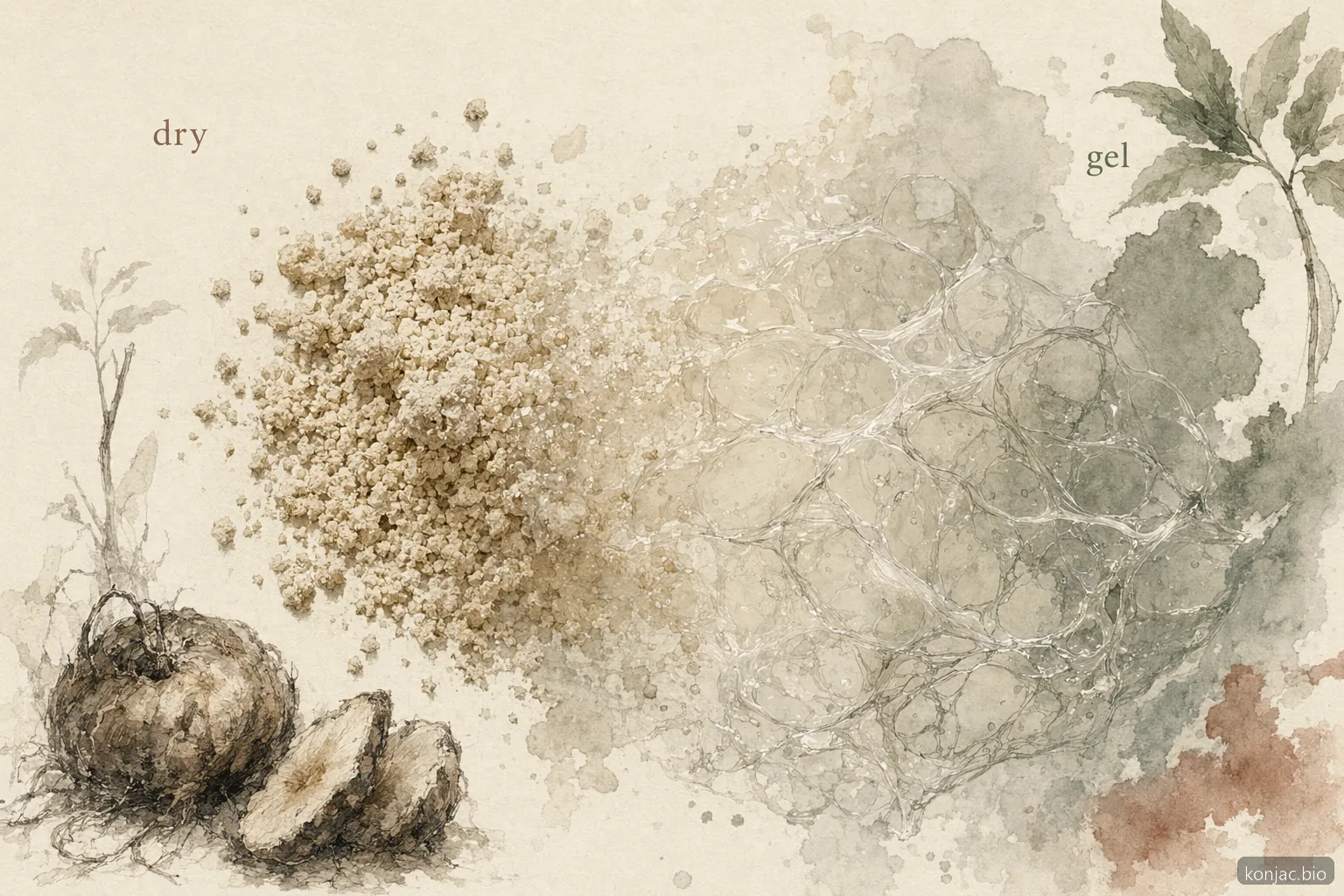 Konjac glucomannan hydrates from dry powder into a gel network that thickens foods and supplements.