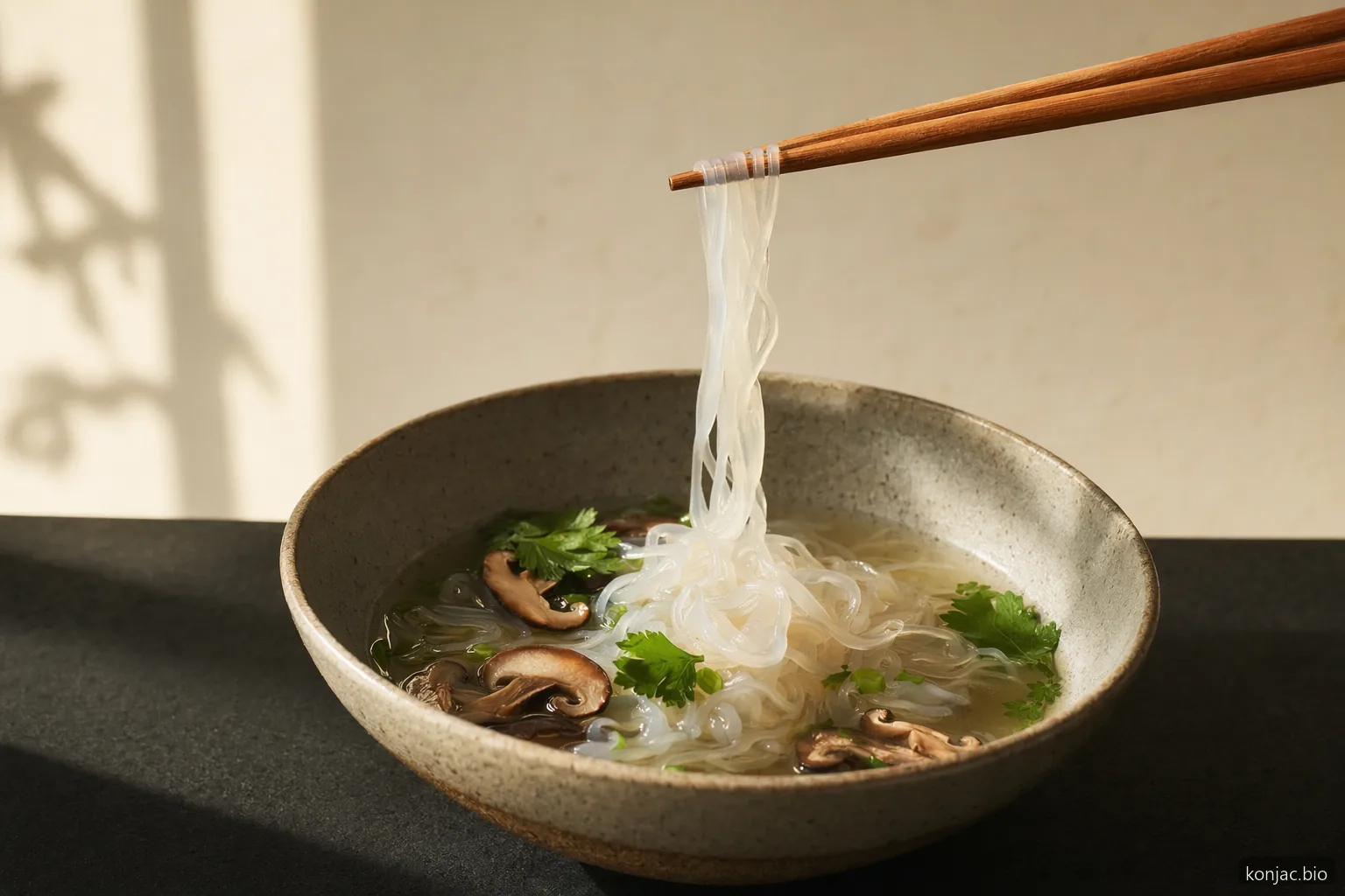 Konjac shirataki noodles show the finished food application of glucomannan-rich konjac powder in a clear broth.