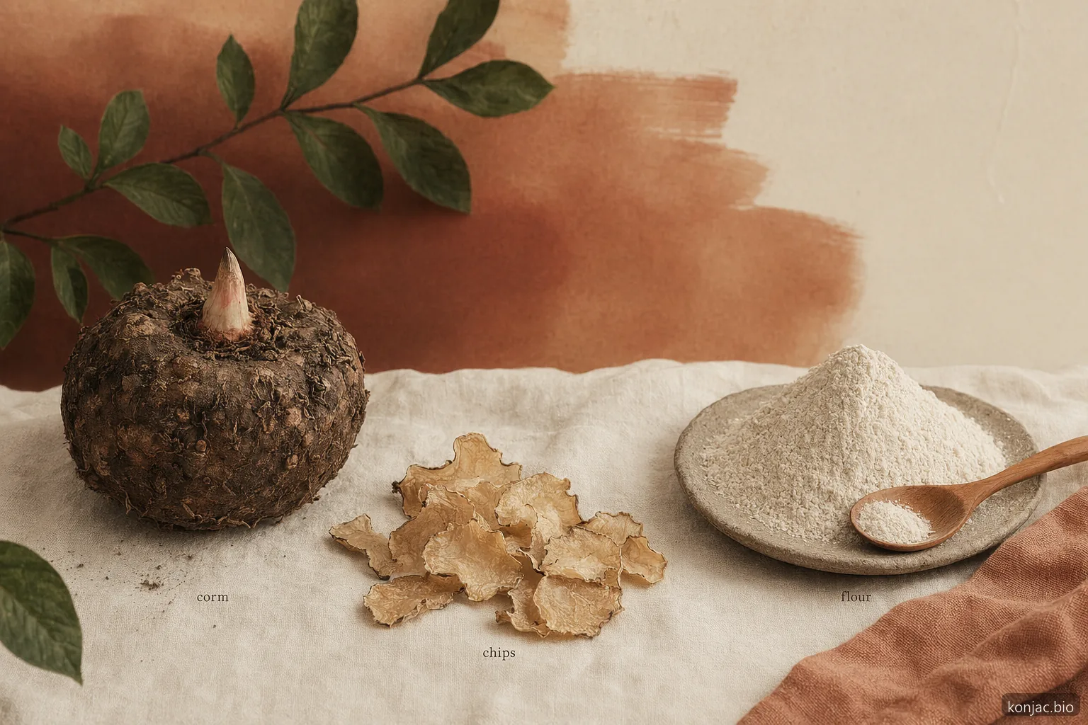 konjac flour process still life shows fresh corm, dried chips, and milled powder as one ingredient chain