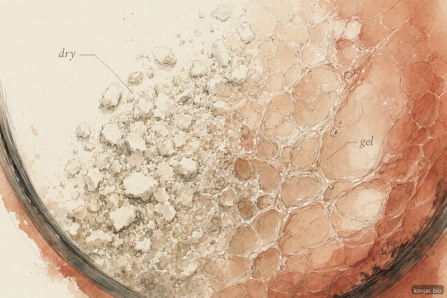konjac flour hydration detail shows glucomannan granules swelling into a gel that thickens food