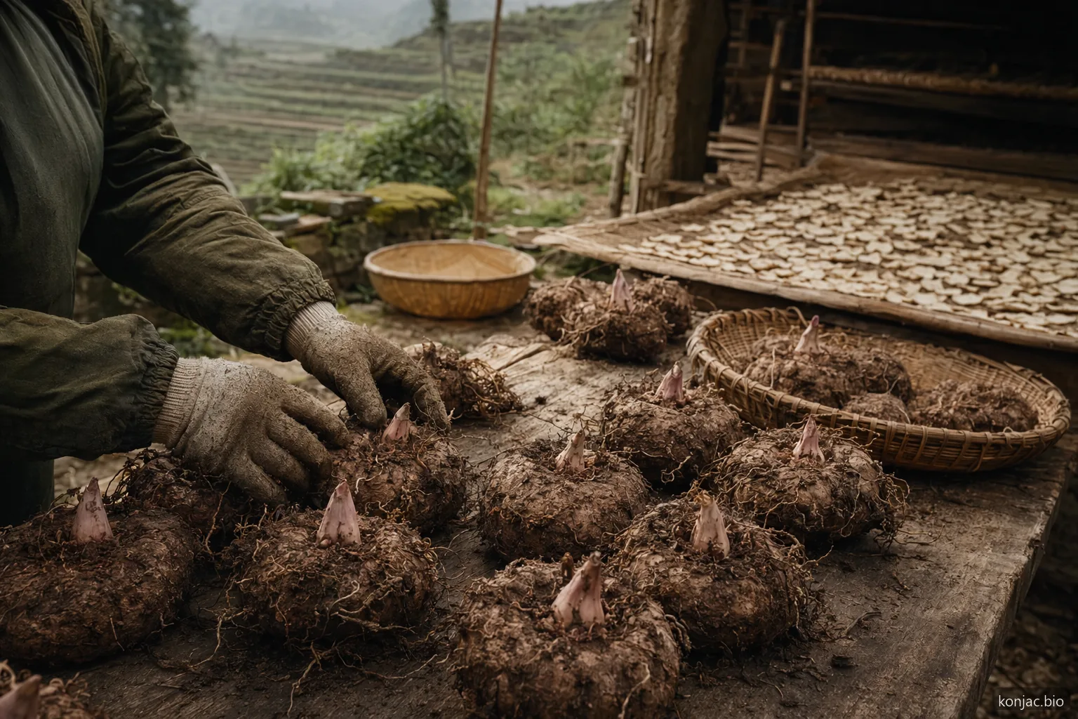 konjac flour sourcing scene shows corms sorted in a small workshop before milling and testing