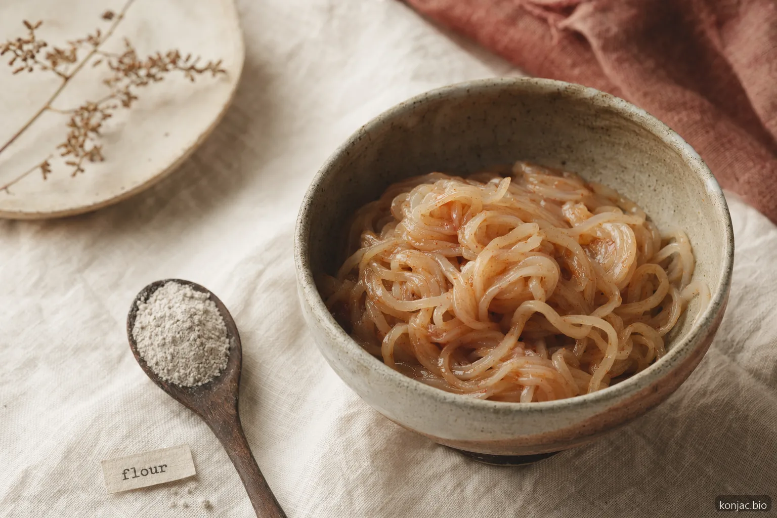 konjac flour finished dish shows glossy noodles and sauce where a small dose creates body and fiber