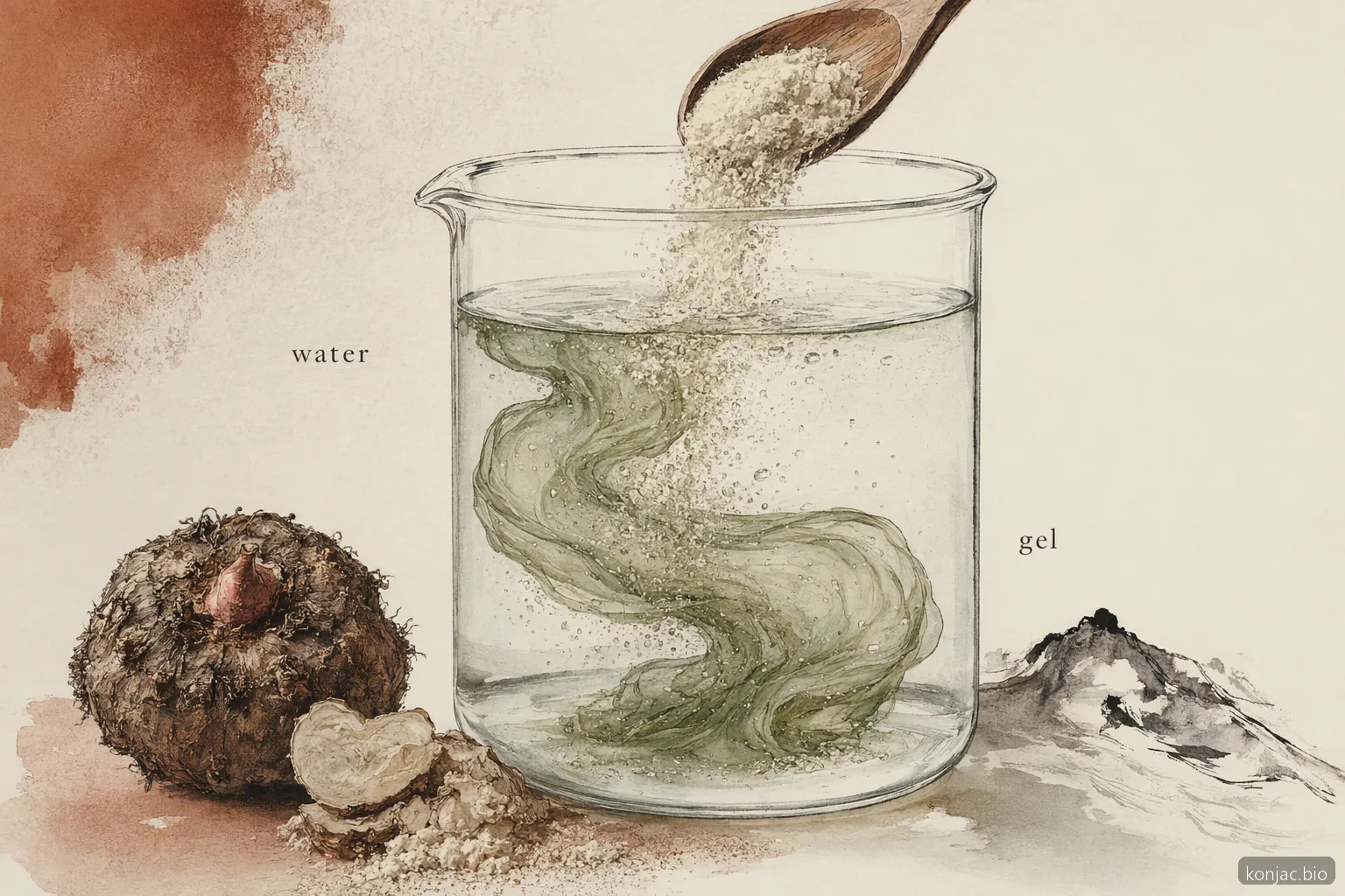 konjac powder hydrates by binding water into a thick gel network that builds viscosity in food formulations