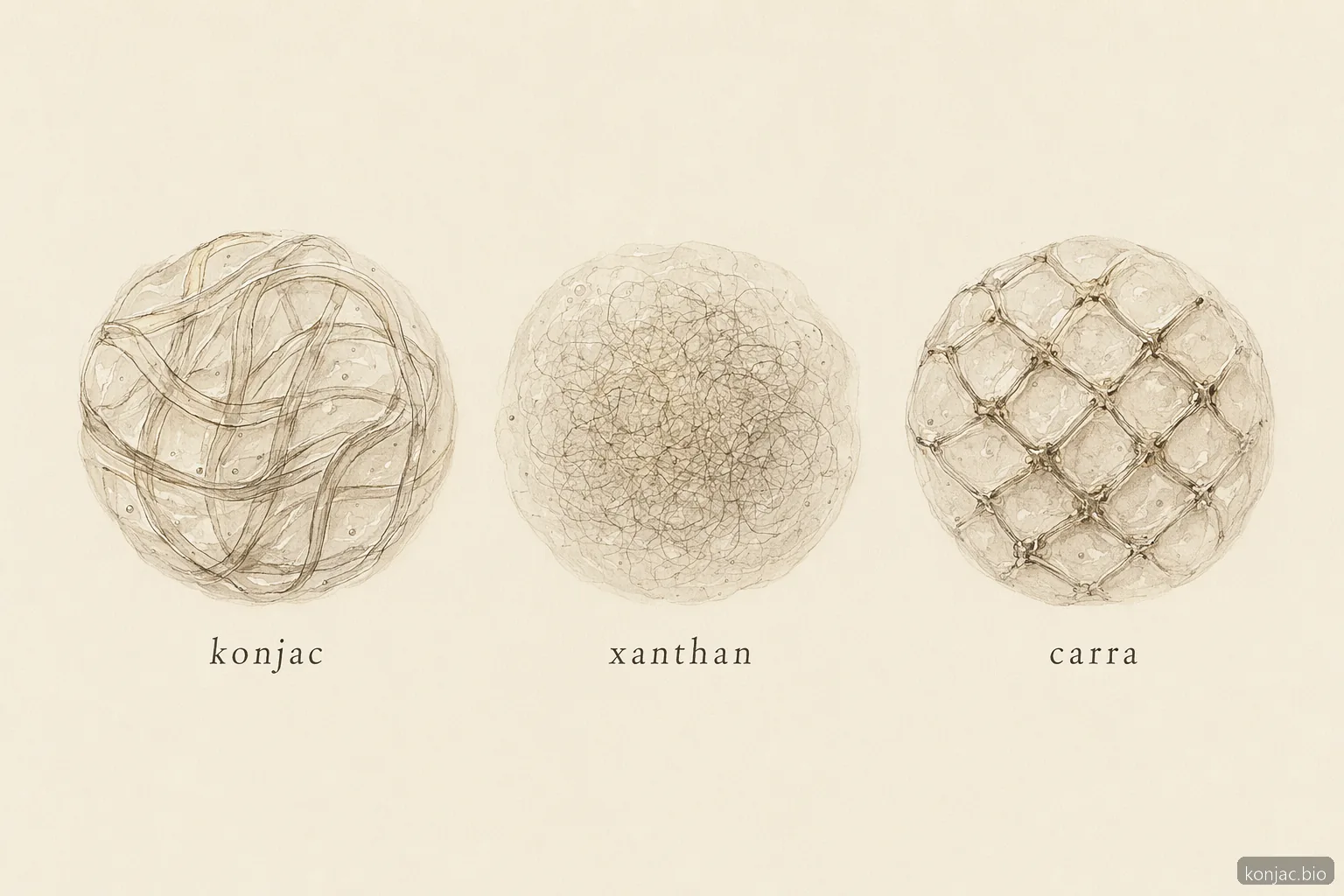 konjac gum forms a different gel network than xanthan or carrageenan, changing viscosity, elasticity, and bite