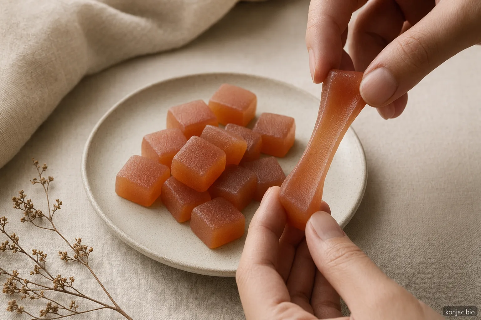 konjac gum gives plant-based gummies a clear, elastic bite and helps hold shape without animal gelatin