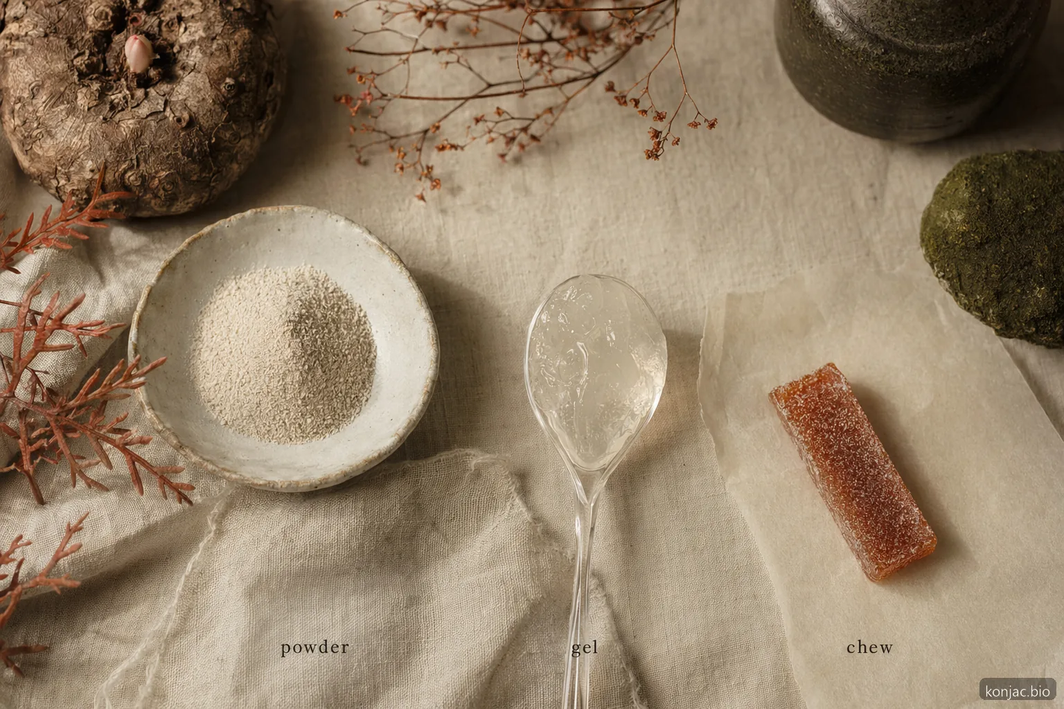 Konjac gummies formulation uses dry glucomannan, hydrated gel, and finished chew to control texture.