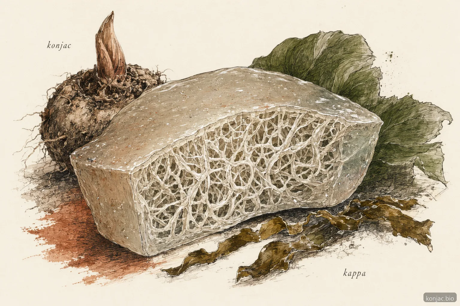 Konjac gummy gel network forms when konjac gum and kappa carrageenan hydrate into an elastic mesh.