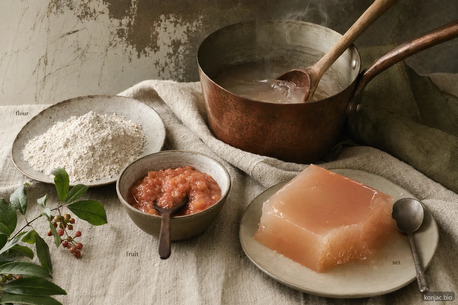 konjac jelly process uses konjac flour, fruit flavor, heat, and setting to form a chewy gel snack